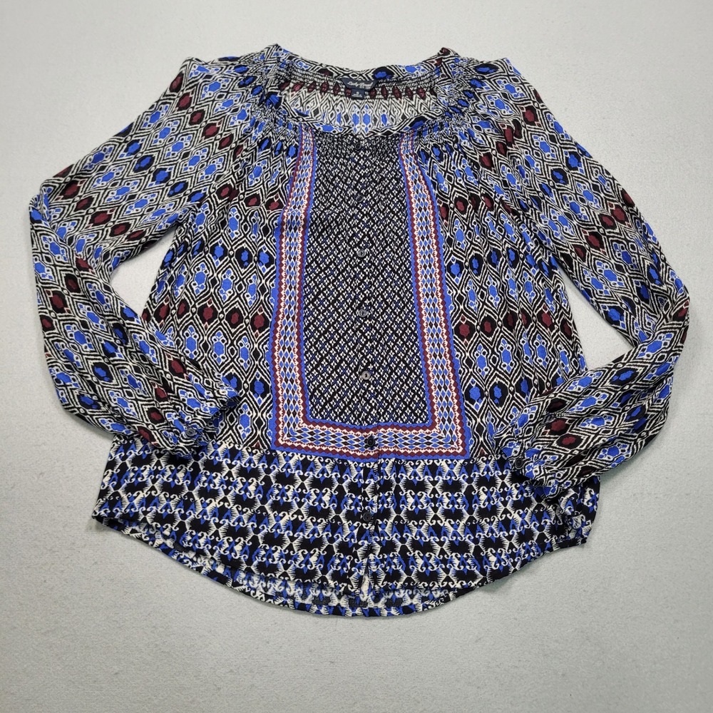 Lucky Brand Womens Small Blue Geometric Boho Peasant Top Button Front 7W42389